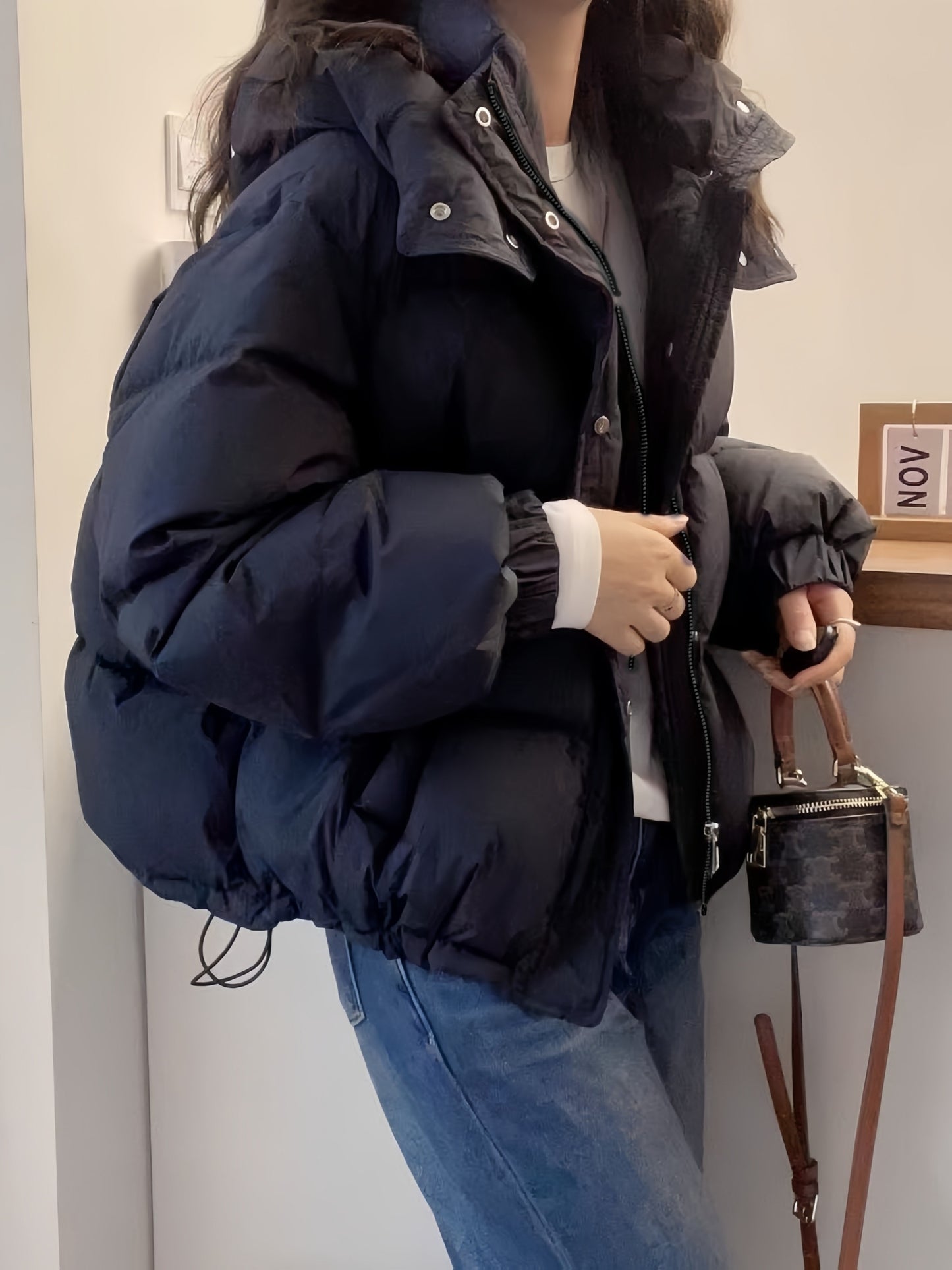 Padded Hooded Coat for Women, Quilted Loose Fit with Cargo Pockets