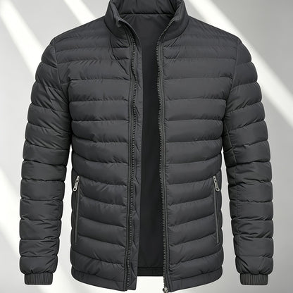 Men's College-Style Stand-Up Collar Jacket, Warm Outerwear Casual Windproof Coat with Zippered Pockets, Suitable for Winter Wear