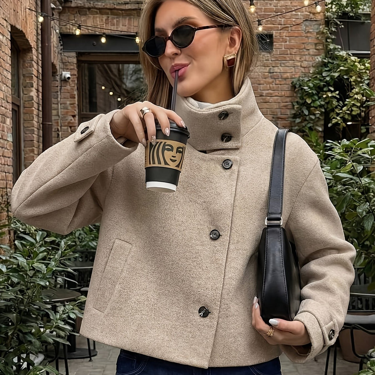 Autumn Winter Women's Stand Collar Cross-Button Coat with Pockets