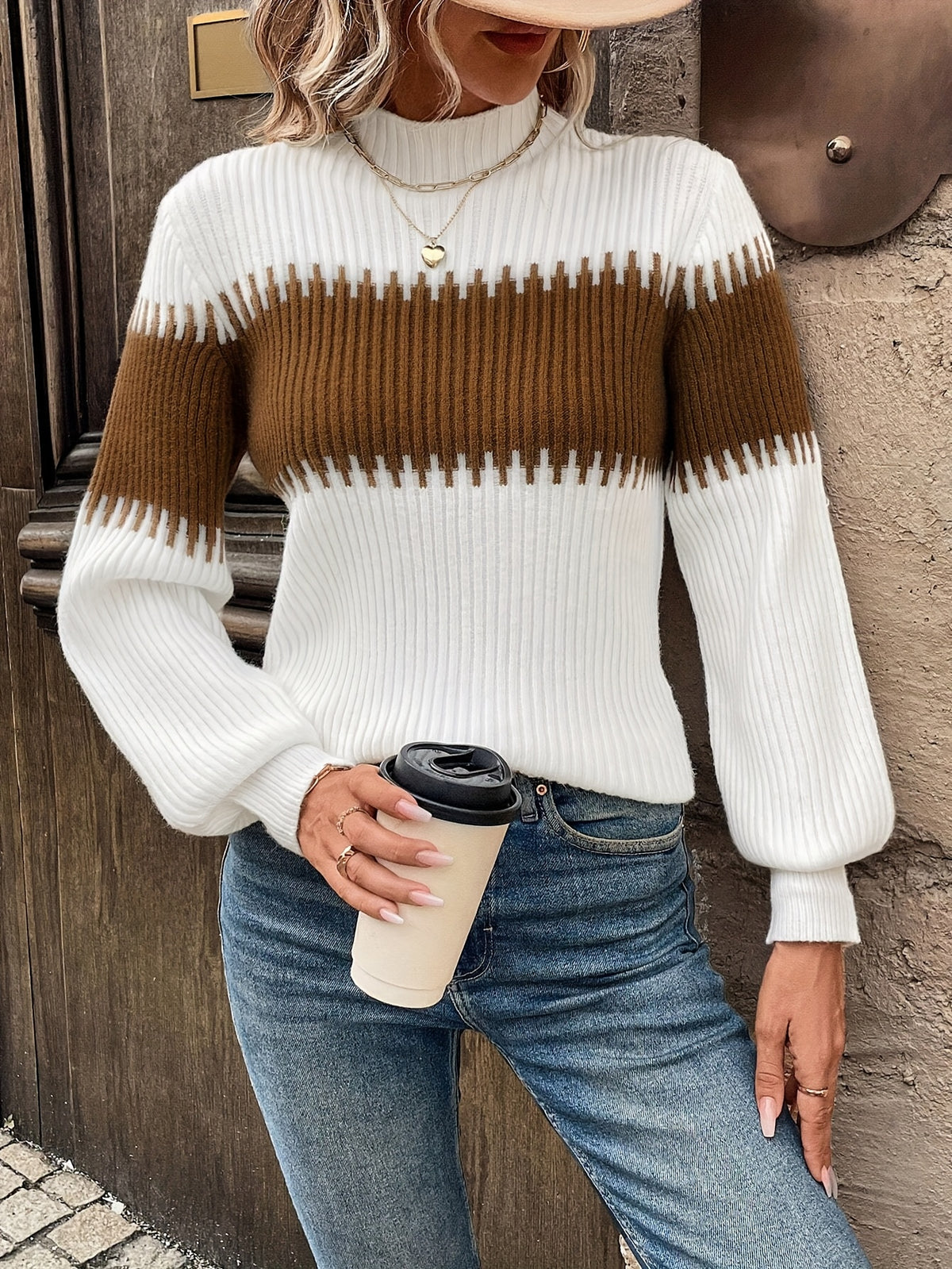 Women's Half-Turtleneck Lantern Sleeve Sweater for Refined Comfort