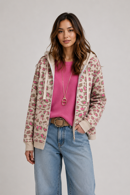 Beige and pink leopard print zip-up hoodie