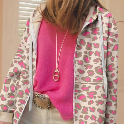 Beige and pink leopard print zip-up hoodie