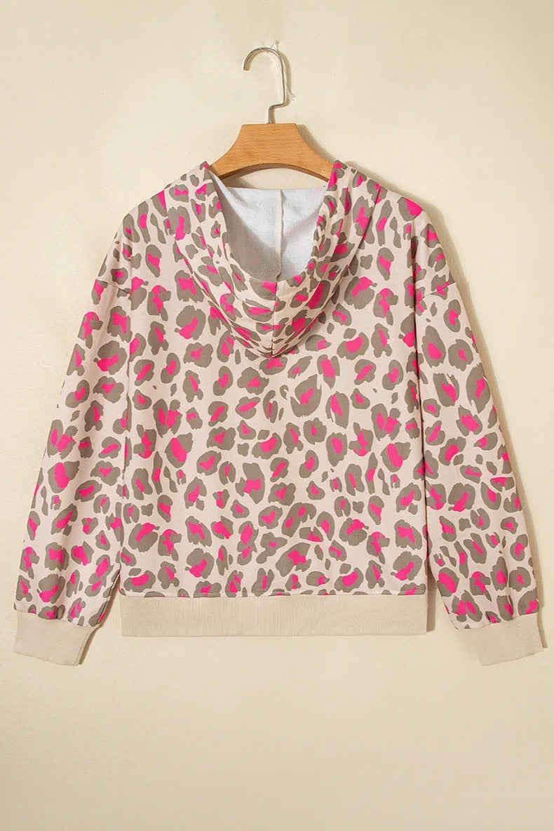 Beige and pink leopard print zip-up hoodie