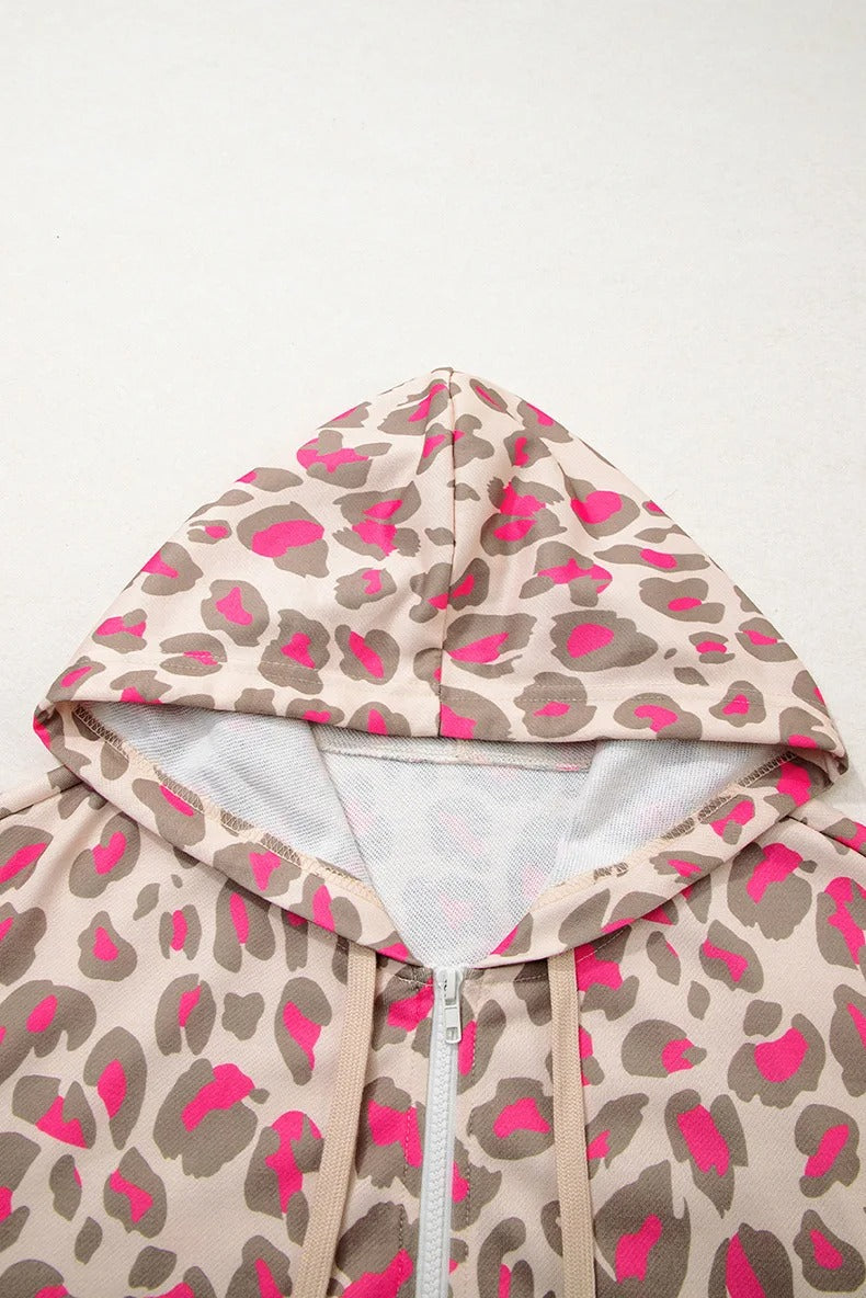 Beige and pink leopard print zip-up hoodie