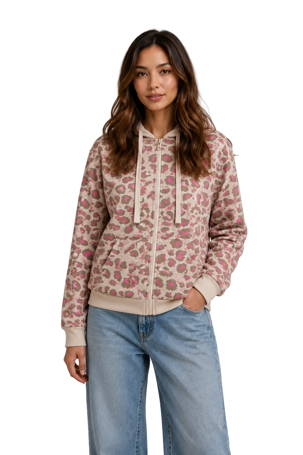 Beige and pink leopard print zip-up hoodie