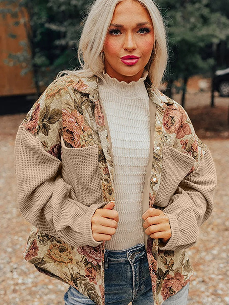 Beige floral panel shirt jacket with textured sleeves