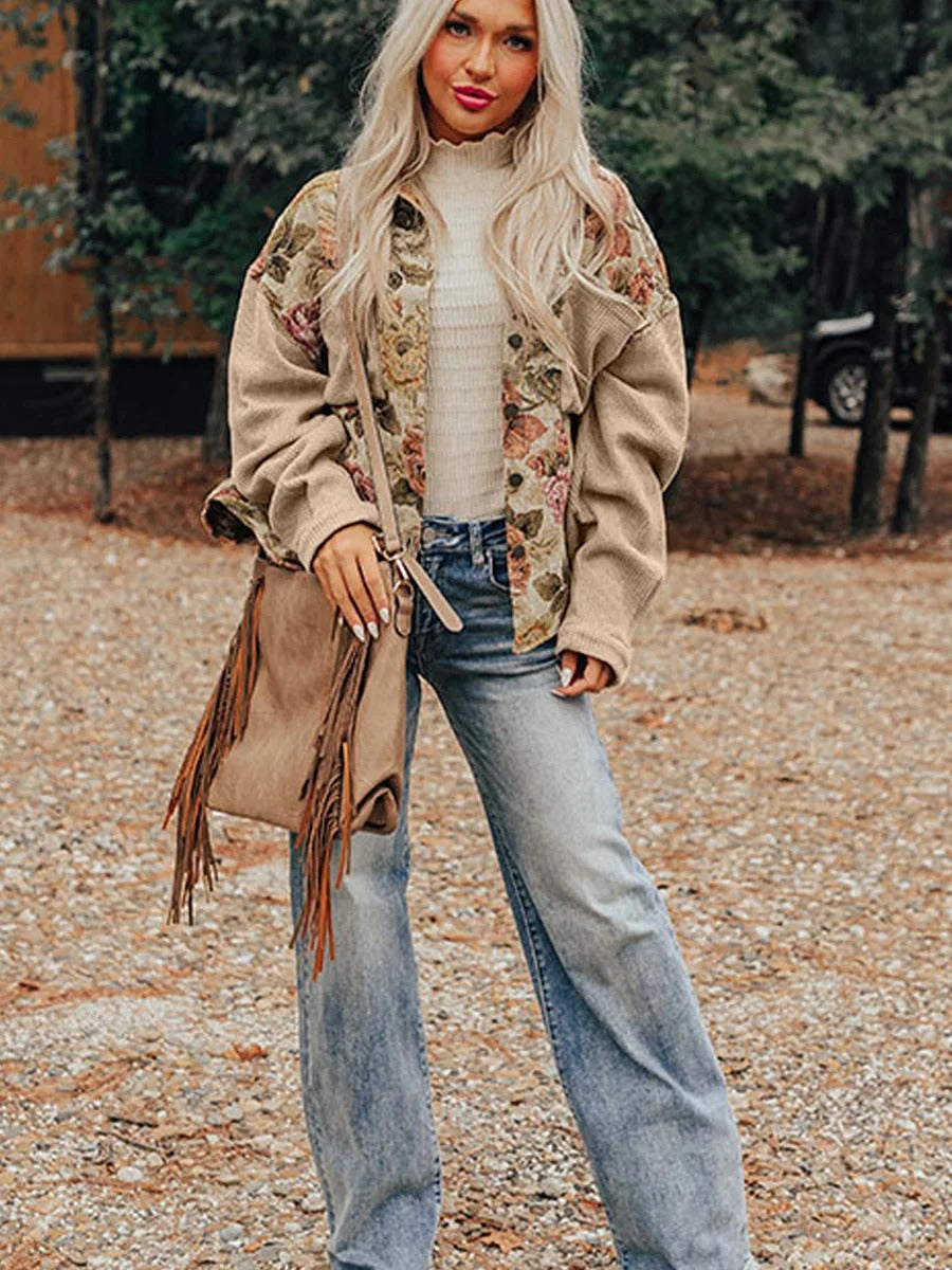 Beige floral panel shirt jacket with textured sleeves
