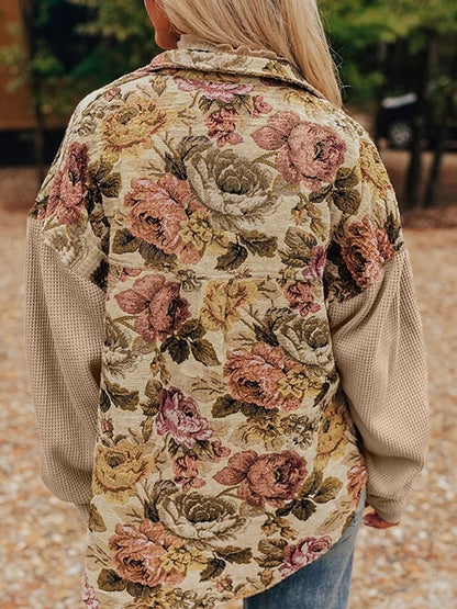 Beige floral panel shirt jacket with textured sleeves