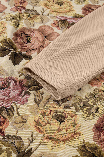 Beige floral panel shirt jacket with textured sleeves
