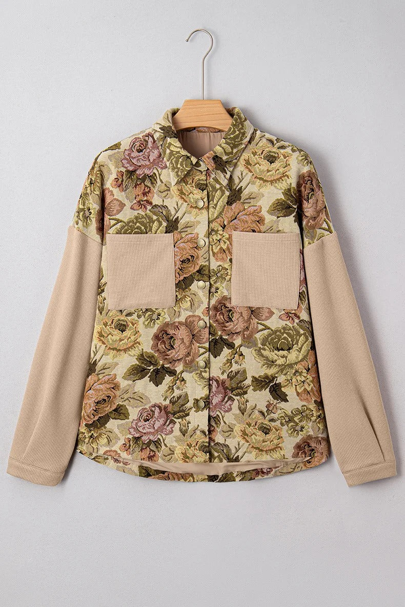 Beige floral panel shirt jacket with textured sleeves