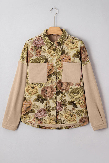 Beige floral panel shirt jacket with textured sleeves