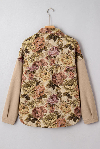 Beige floral panel shirt jacket with textured sleeves