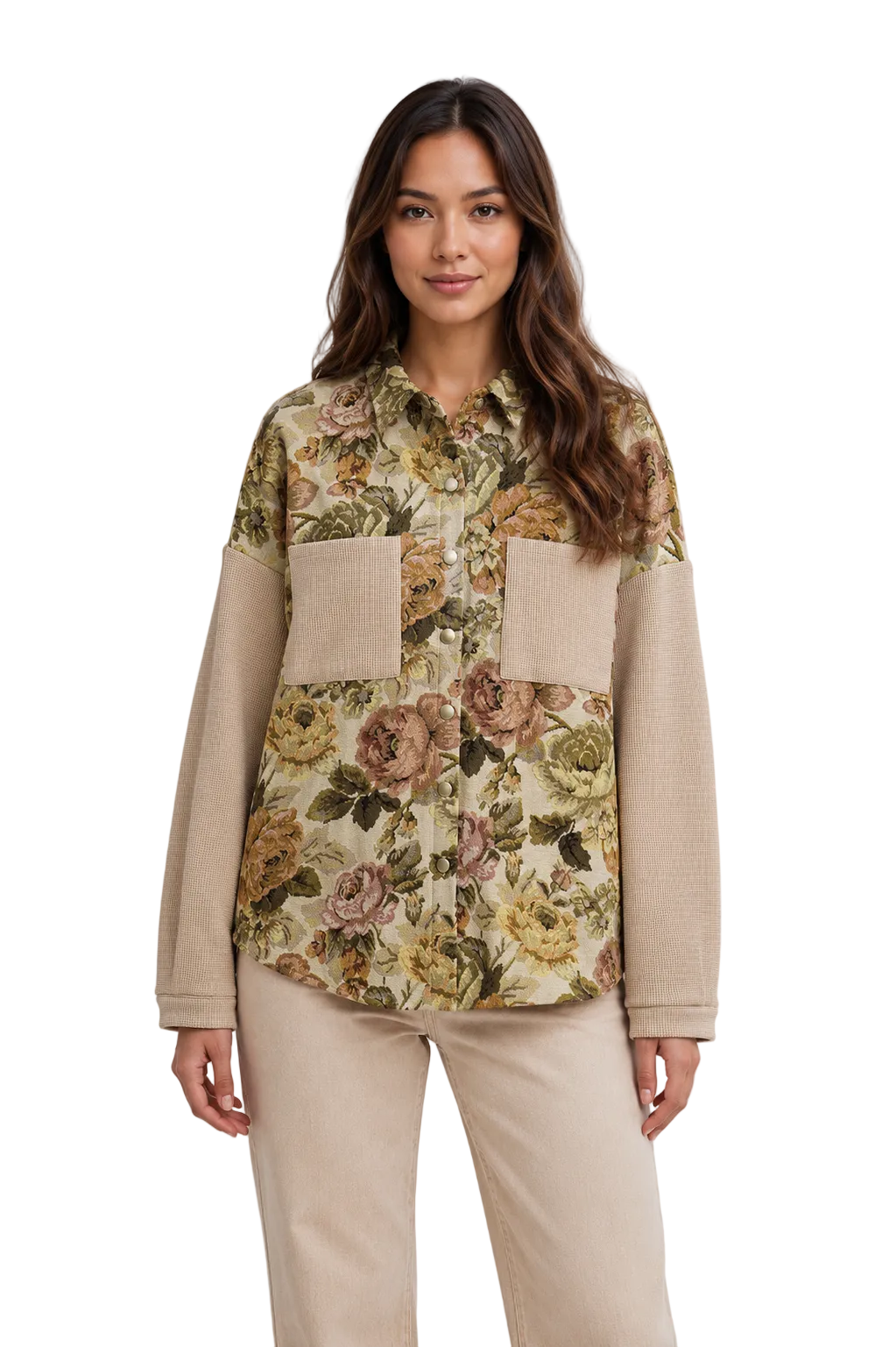 Beige floral panel shirt jacket with textured sleeves
