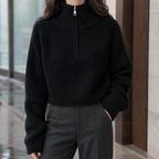 Women's Wool Half Zip Sweater Ribbed Knit