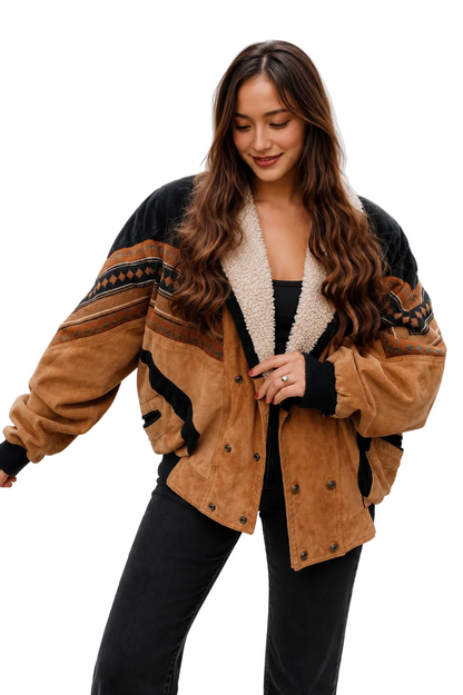 Brown and black patterned jacket with shearling-style collar