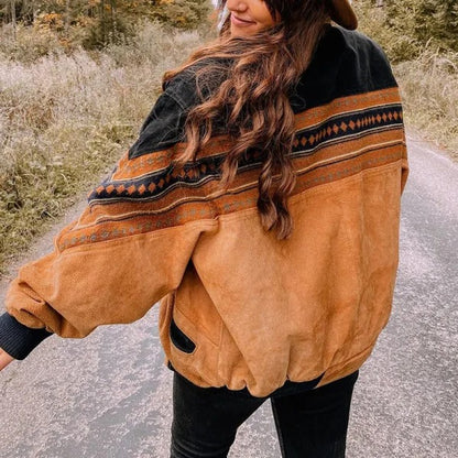 Brown and black patterned jacket with shearling-style collar
