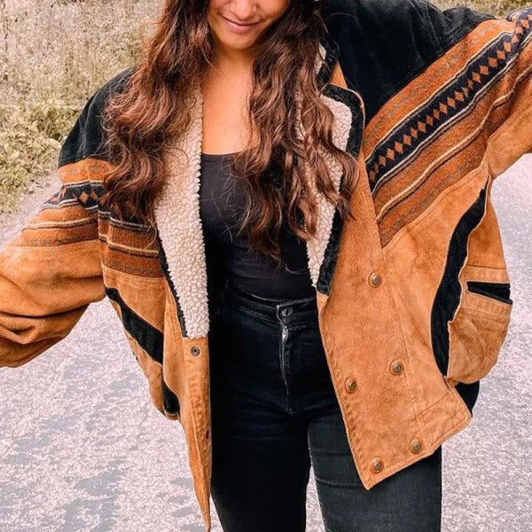 Brown and black patterned jacket with shearling-style collar