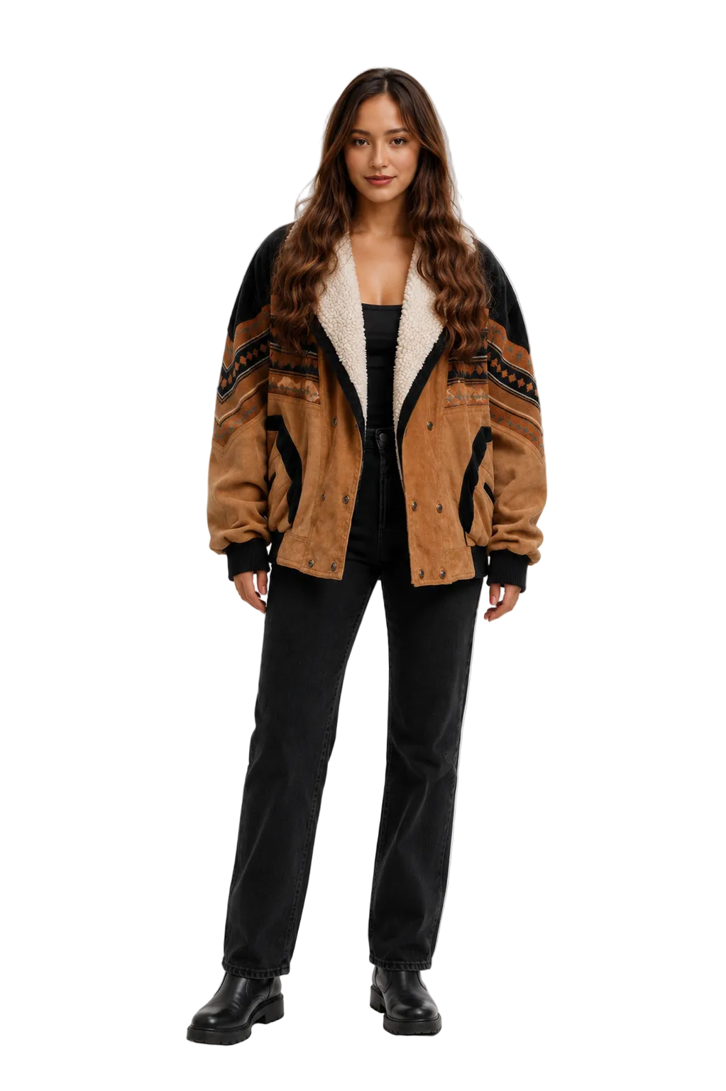 Brown and black patterned jacket with shearling-style collar