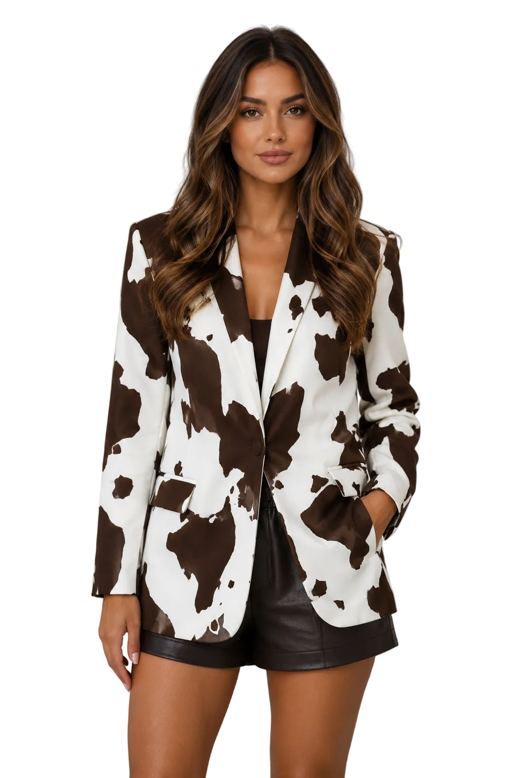 Brown and white cow print blazer with open front