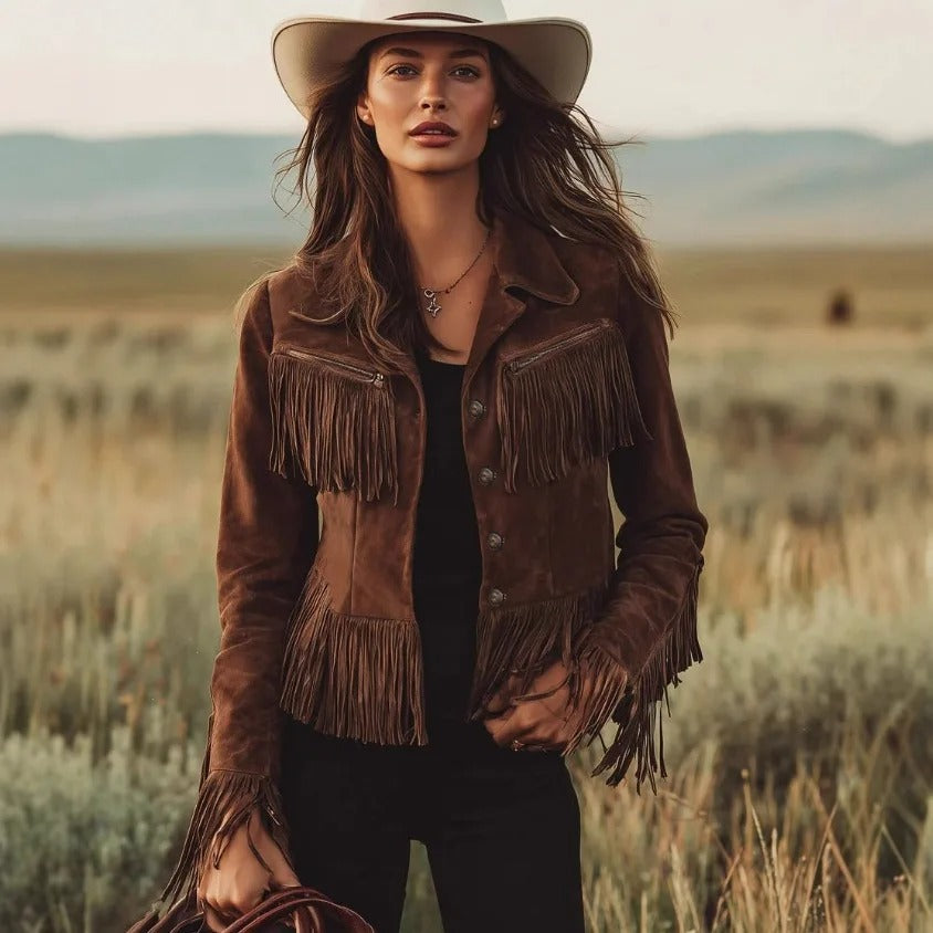 Brown fringe detail button-front jacket