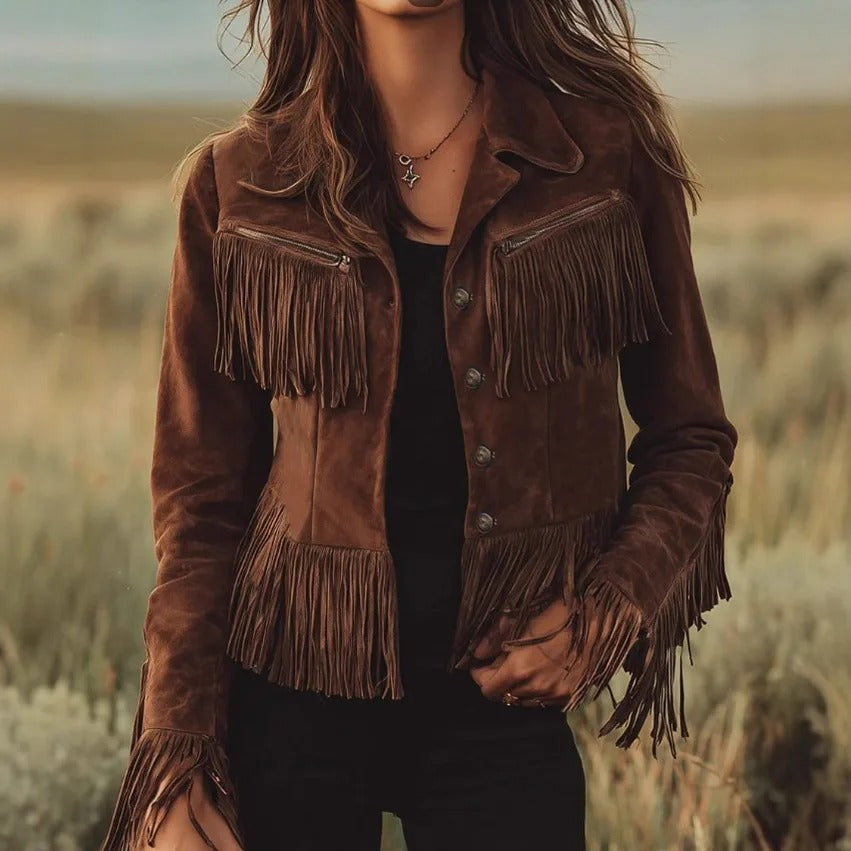 Brown fringe detail button-front jacket