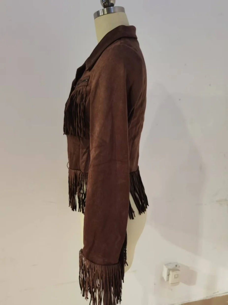 Brown fringe detail button-front jacket