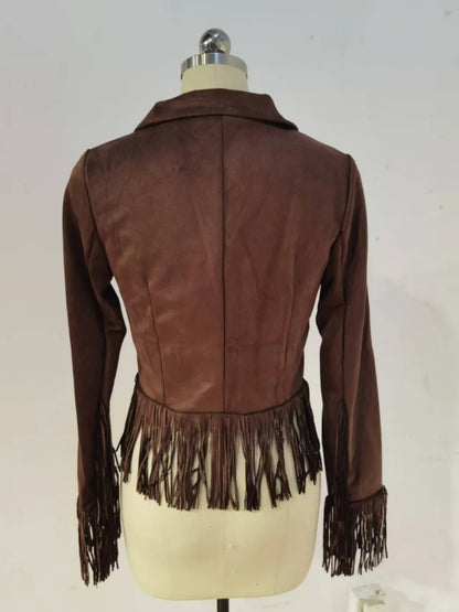 Brown fringe detail button-front jacket