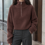 Women's Wool Half Zip Sweater Ribbed Knit