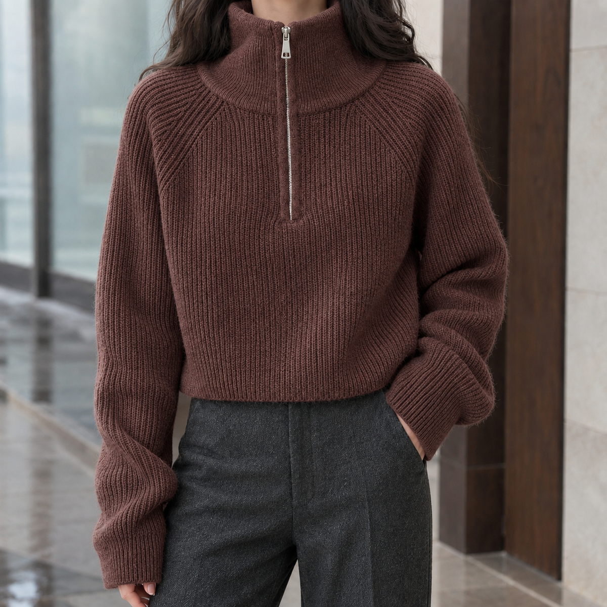 Women's Wool Half Zip Sweater Ribbed Knit