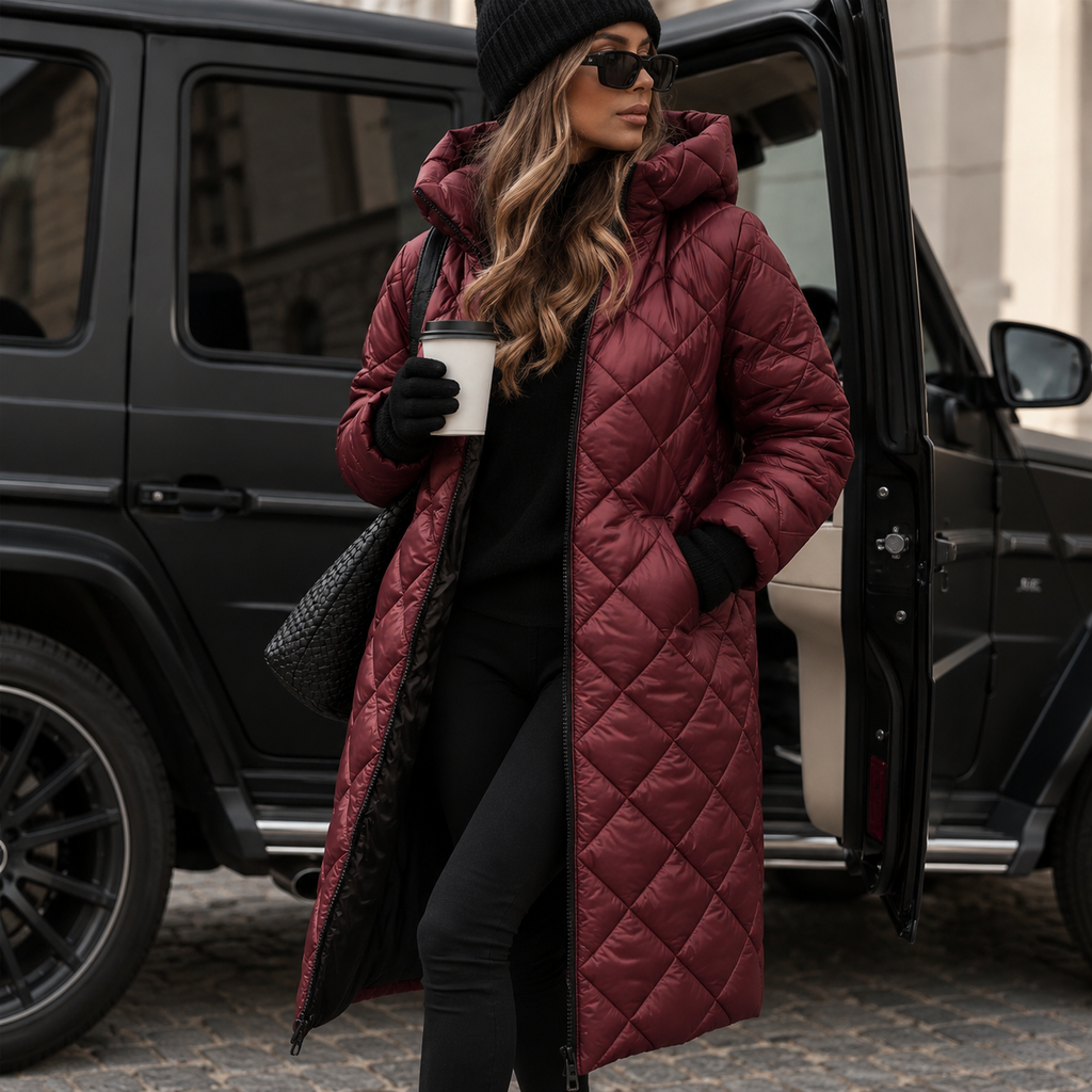 Women's Quilted Long Coat with Water-Resistant Fabric for Cold Weather