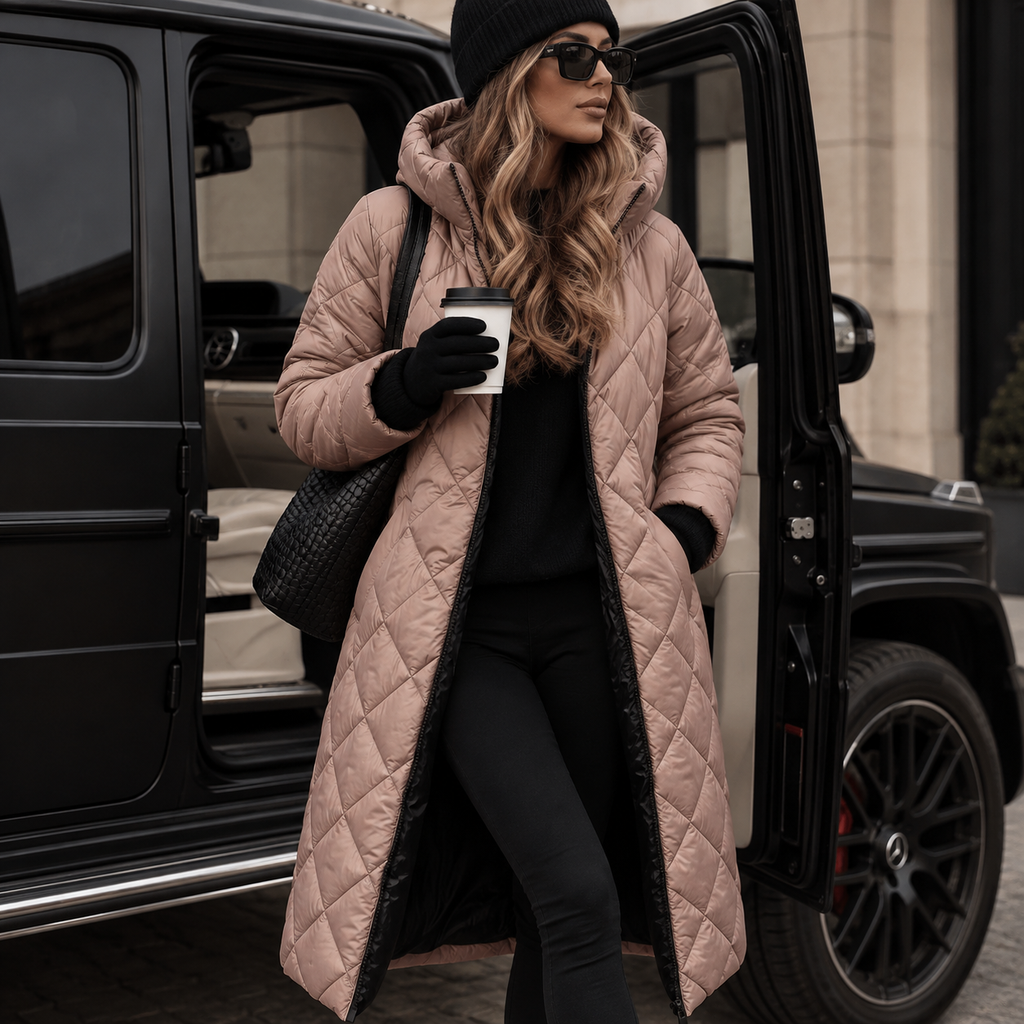 Women's Quilted Long Coat with Water-Resistant Fabric for Cold Weather