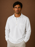 Men's Popover Shirt Cotton Linen Blend Half Button Chest Pocket Relaxed