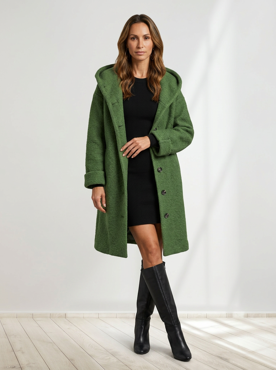 Women Hooded Bouclé Winter Coat - Relaxed Fit with Textured Finish