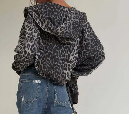 Grey leopard print zip-up hooded jacket