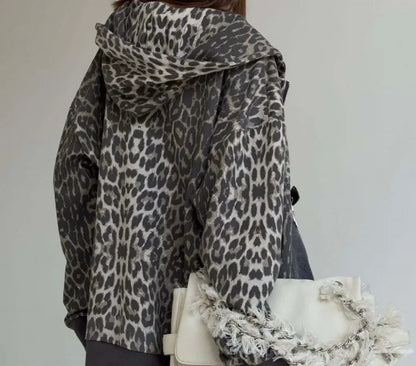 Grey leopard print zip-up hooded jacket