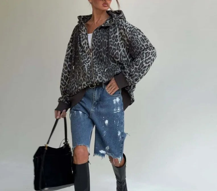 Grey leopard print zip-up hooded jacket