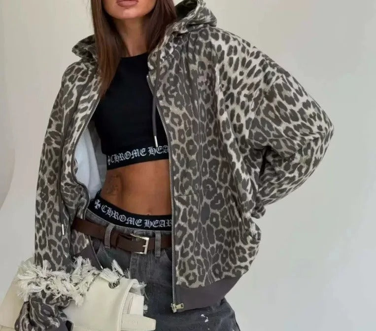 Grey leopard print zip-up hooded jacket