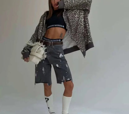 Grey leopard print zip-up hooded jacket