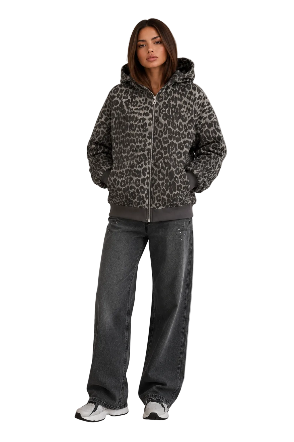 Grey leopard print zip-up hooded jacket