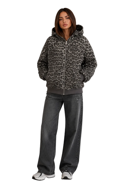 Grey leopard print zip-up hooded jacket