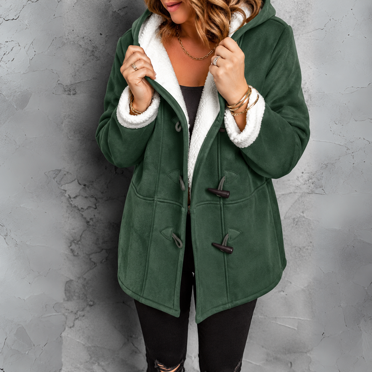 Women's Sherpa Lined Hooded Jacket with Toggle Closure for Warmth