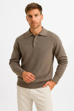 Men's Collared Knit Jumper with Button Placket and Ribbed Hem