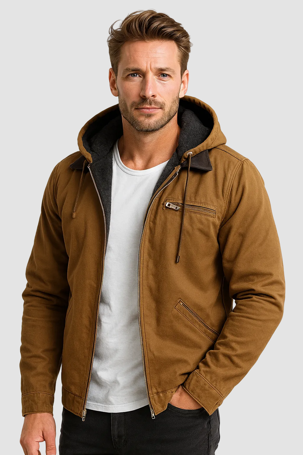 Men's Hooded Mid-Season Fleece-Lined Jacket with Zip Front