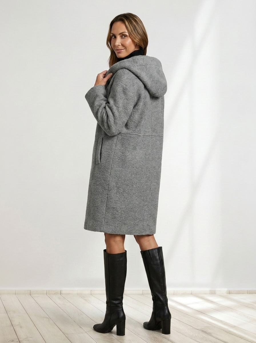 Women Hooded Bouclé Winter Coat - Relaxed Fit with Textured Finish