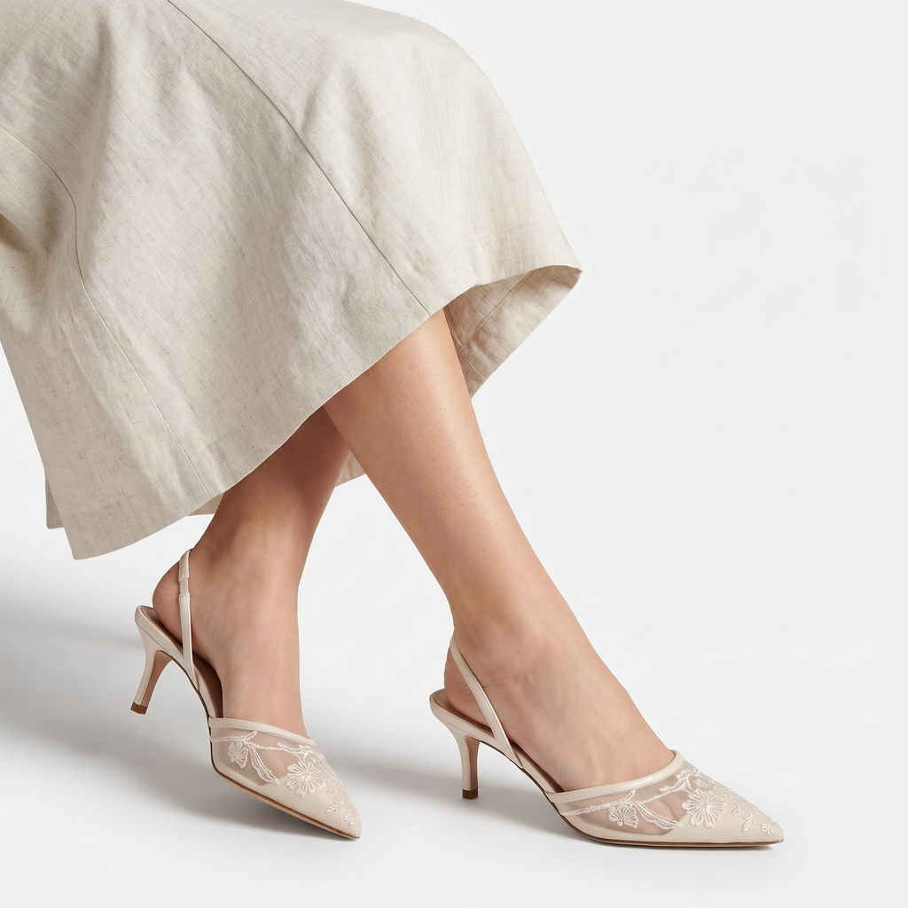 Women's Embroidered Mesh Mule Heels - Slip-On Pointed Toe