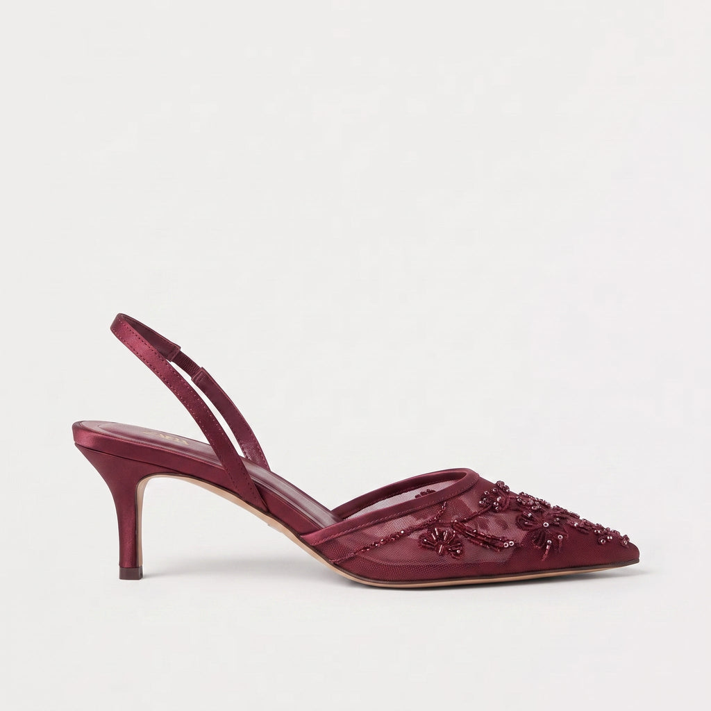 Women's Embroidered Mesh Mule Heels - Slip-On Pointed Toe