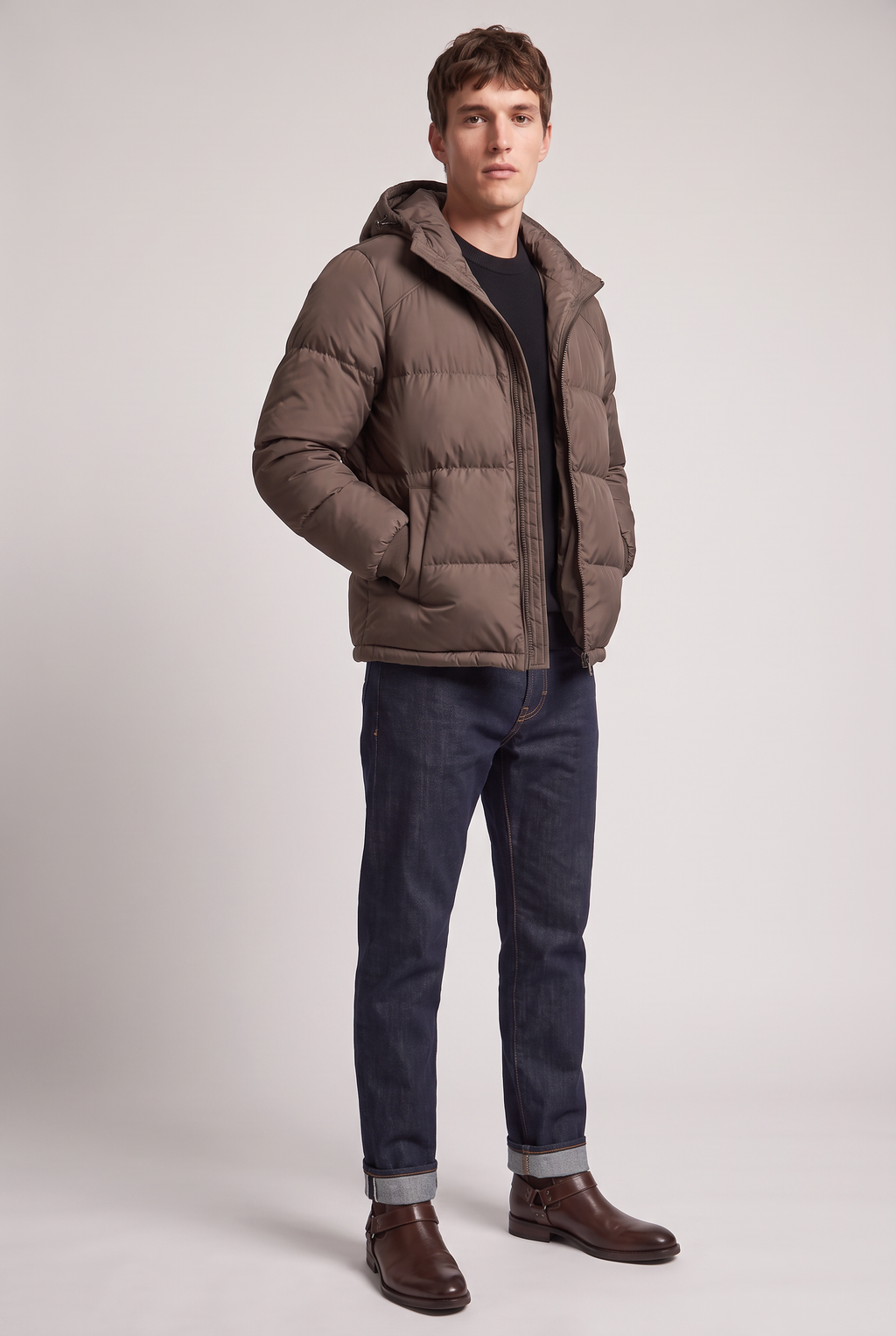 Men’s Hooded Puffer Jacket - Front Zip