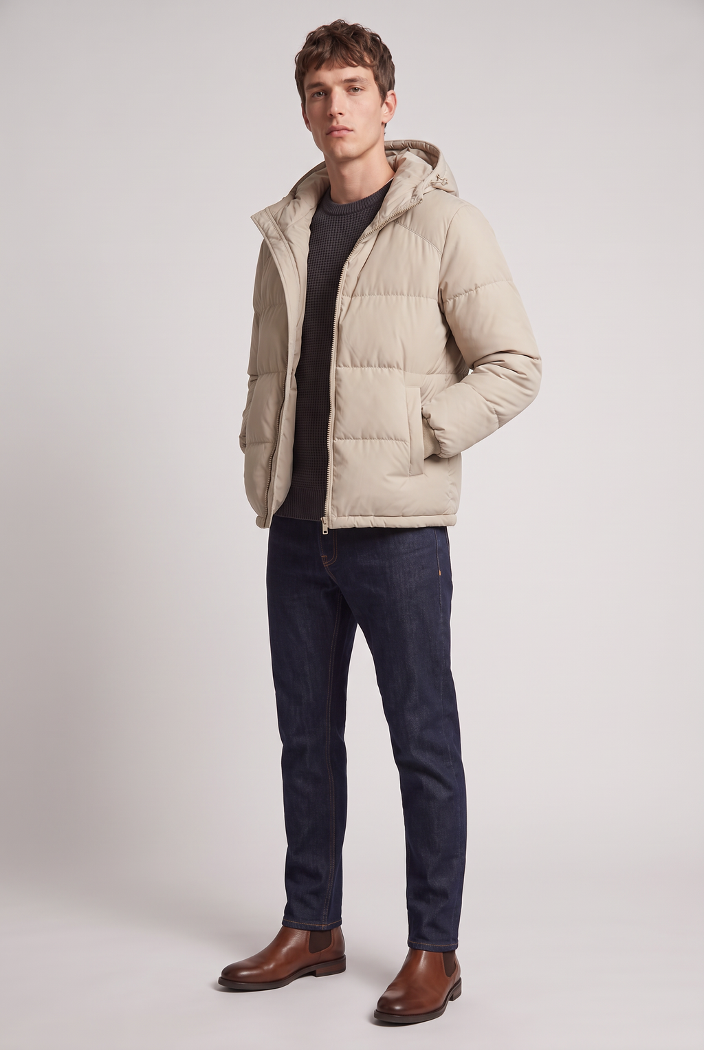 Men’s Hooded Puffer Jacket - Front Zip