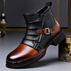 Two-Tone Buckle Leather Boots