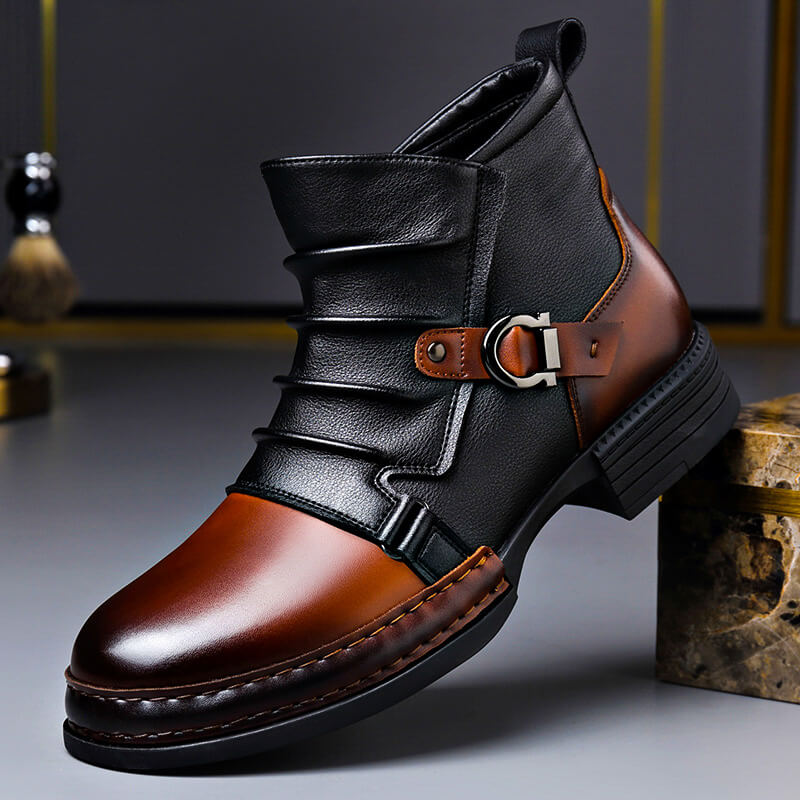 Two-Tone Buckle Leather Boots